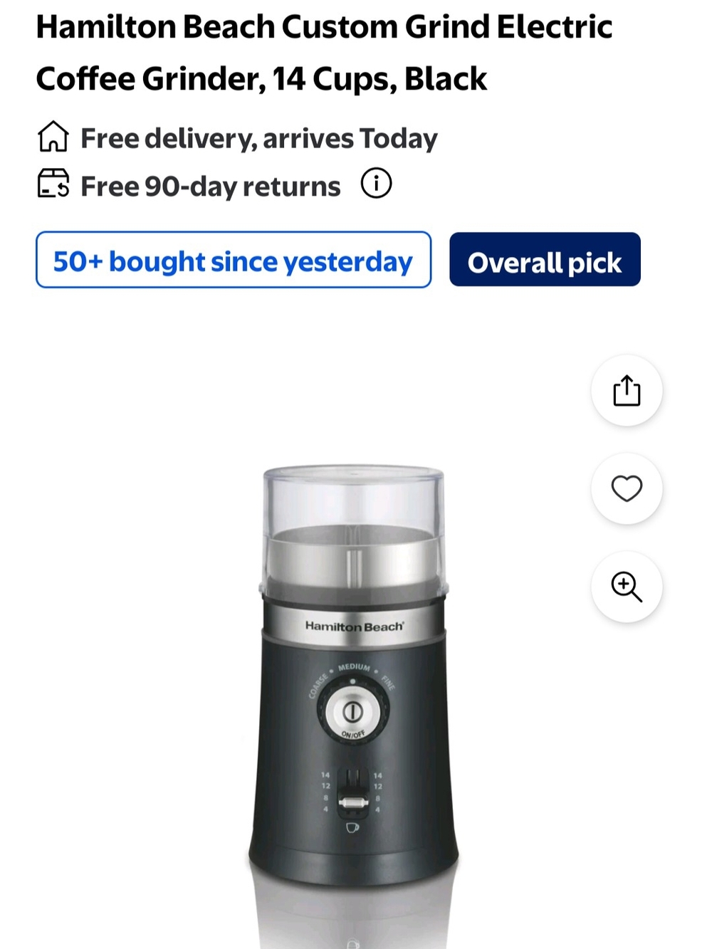 Hamilton Beach Black Electric Coffee Grinder with Clear Hopper